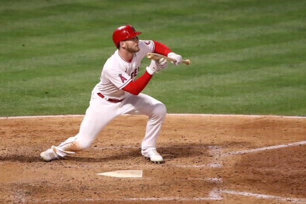 Taylor Ward of the Los Angeles Angels bunts the ball during the sixth inning against the Kansas City Royals at Angel Stadium of Anaheim on June 09,...