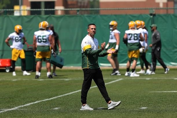 Head coach Matt LaFleur of the Green Bay Packers watches action during training camp at Ray Nitschke Field on June 09, 2021 in Ashwaubenon, Wisconsin.