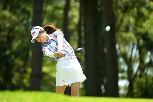 Yuka Yasuda of Japan hits her tee shot on the 2nd hole during the first round of the Ai Miyazato Suntory Ladies Open at Rokko Kokusai Golf Club on...