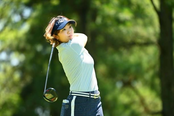 Rumi Yoshiba of Japan hits her tee shot on the 2nd hole during the first round of the Ai Miyazato Suntory Ladies Open at Rokko Kokusai Golf Club on...