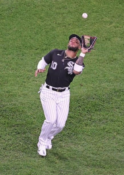 Yoan Moncada of the Chicago White Sox makes a catch against the Toronto Blue Jays at Guaranteed Rate Field on June 09, 2021 in Chicago, Illinois.