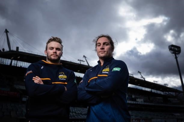 Ryan and Lachlan Lonergan pose for a portraita during an ACT Brumbies Super Rugby Trans-Tasman captain's run at GIO Stadium on June 10, 2021 in...