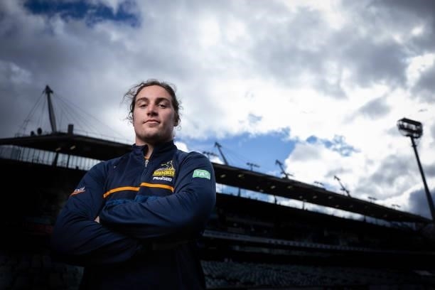 Lachlan Lonergan poses for a portrait during an ACT Brumbies Super Rugby Trans-Tasman captain's run at GIO Stadium on June 10, 2021 in Canberra,...