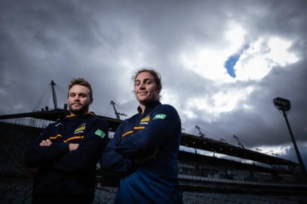 Ryan and Lachlan Lonergan pose for a portraita during an ACT Brumbies Super Rugby Trans-Tasman captain's run at GIO Stadium on June 10, 2021 in...