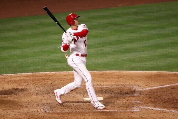 Shohei Ohtani of the Los Angeles Angels at bat during the seventh inning against the Kansas City Royals at Angel Stadium of Anaheim on June 09, 2021...