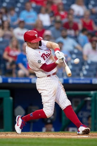 Rhys Hoskins of the Philadelphia Phillies bats against the Atlanta Braves at Citizens Bank Park on June 9, 2021 in Philadelphia, Pennsylvania. The...