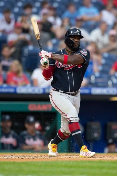 Abraham Almonte of the Atlanta Braves bats against the Philadelphia Phillies at Citizens Bank Park on June 9, 2021 in Philadelphia, Pennsylvania. The...