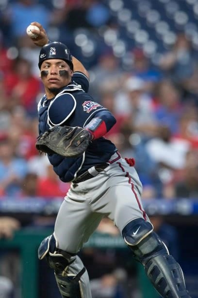 William Contreras of the Atlanta Braves throws the ball to first base against the Philadelphia Phillies at Citizens Bank Park on June 9, 2021 in...