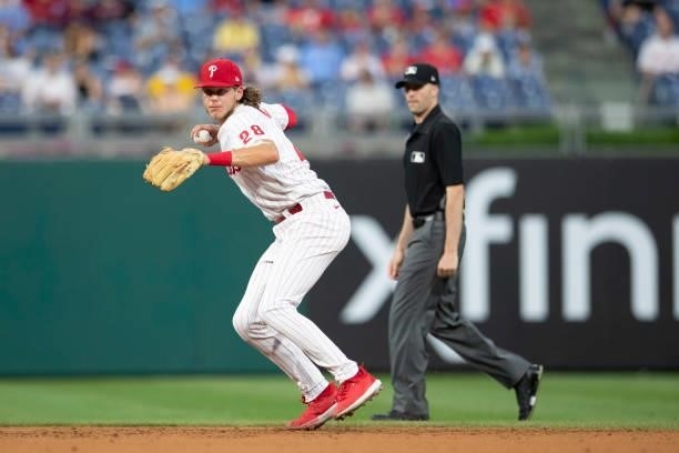 Alec Bohm of the Philadelphia Phillies throws the ball to first base against the Atlanta Braves at Citizens Bank Park on June 9, 2021 in...