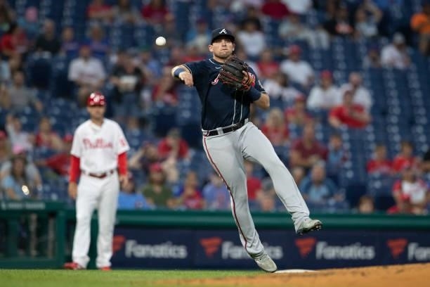 Austin Riley of the Atlanta Braves throws the ball to first base against the Philadelphia Phillies at Citizens Bank Park on June 9, 2021 in...