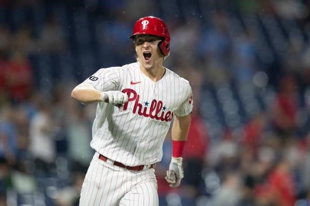 Luke Williams of the Philadelphia Phillies reacts after hitting a walk-off two run home run in the bottom of the ninth inning against the Atlanta...
