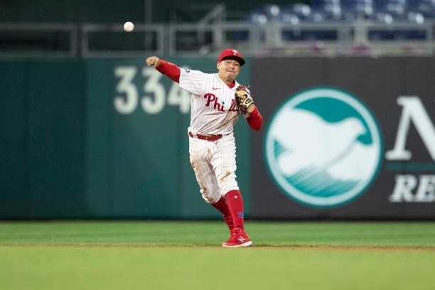 Ronald Torreyes of the Philadelphia Phillies throws the ball to first base against the Atlanta Braves at Citizens Bank Park on June 9, 2021 in...