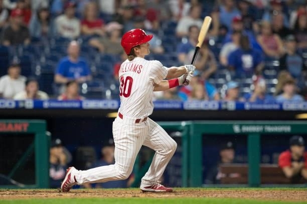 Luke Williams of the Philadelphia Phillies hits a walk-off two run home run in the bottom of the ninth inning against the Atlanta Braves at Citizens...