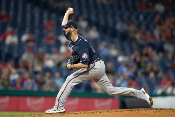 Chris Martin of the Atlanta Braves throws a pitch against the Philadelphia Phillies at Citizens Bank Park on June 9, 2021 in Philadelphia,...