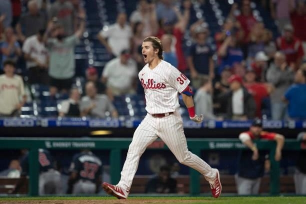 Luke Williams of the Philadelphia Phillies reacts after hitting a walk-off two run home run in the bottom of the ninth inning against the Atlanta...