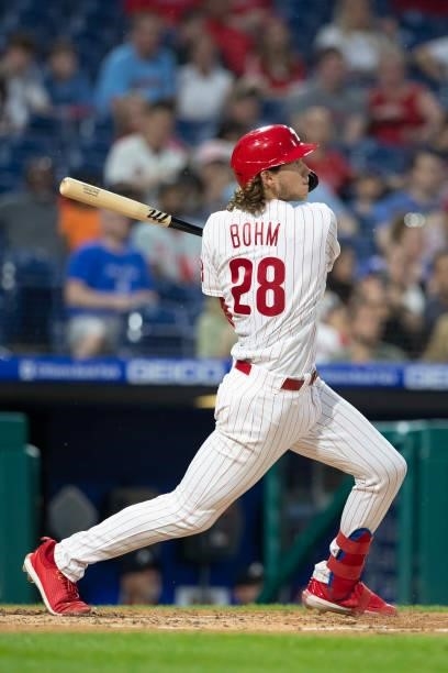 Alec Bohm of the Philadelphia Phillies bats against the Atlanta Braves at Citizens Bank Park on June 9, 2021 in Philadelphia, Pennsylvania. The...