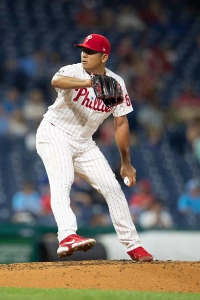 Ranger Suarez of the Philadelphia Phillies throws a pitch against the Atlanta Braves at Citizens Bank Park on June 9, 2021 in Philadelphia,...