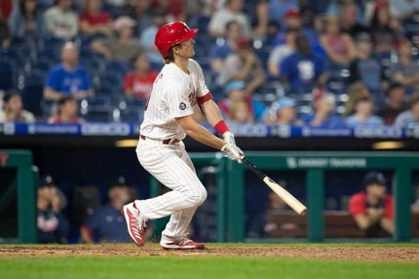 Luke Williams of the Philadelphia Phillies hits a walk-off two run home run in the bottom of the ninth inning against the Atlanta Braves at Citizens...