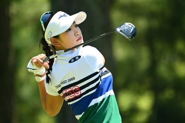 Erika Hara of Japan hits her tee shot during the first round of the Ai Miyazato Suntory Ladies Open at Rokko Kokusai Golf Club on June 10, 2021 in...