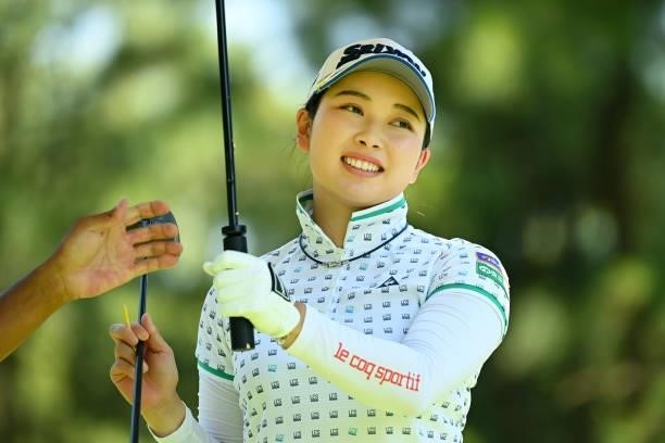 Sakura Koiwai of Japan reacts after her tee shot on the 2nd hole during the first round of the Ai Miyazato Suntory Ladies Open at Rokko Kokusai Golf...