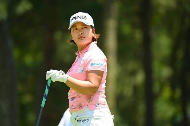 Ai Suzuki of Japan reacts after her tee shot on the 2nd hole during the first round of the Ai Miyazato Suntory Ladies Open at Rokko Kokusai Golf Club...