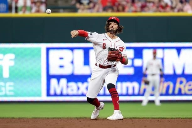 Jonathan India of the Cincinnati Reds throws to first base in the sixth inning against the Milwaukee Brewers at Great American Ball Park on June 09,...