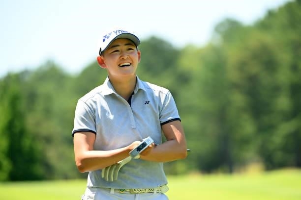 Amateur Akie Iwai of Japan smiles on the 4th hole during the first round of the Ai Miyazato Suntory Ladies Open at Rokko Kokusai Golf Club on June...