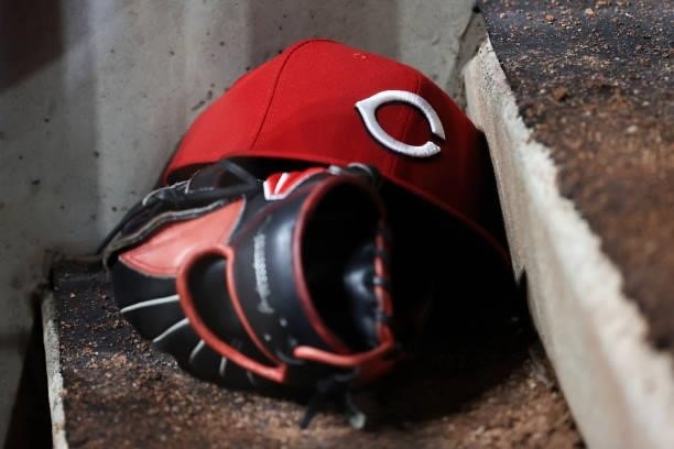 Detail view of a Cincinnati Reds hat during the game against the Milwaukee Brewers at Great American Ball Park on June 09, 2021 in Cincinnati, Ohio.