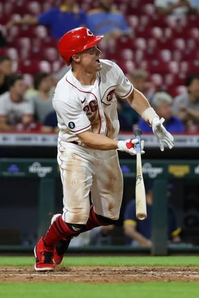 Scott Heineman of the Cincinnati Reds grounds into a fielder's choice in the seventh inning against the Milwaukee Brewers at Great American Ball Park...