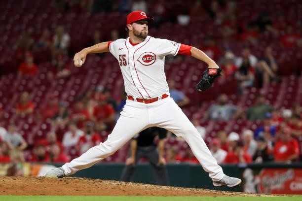 Heath Hembree of the Cincinnati Reds pitches in the ninth inning against the Milwaukee Brewers at Great American Ball Park on June 09, 2021 in...