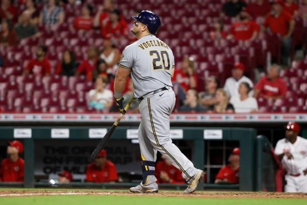Daniel Vogelbach of the Milwaukee Brewers hits a home run in the ninth inning against the Cincinnati Reds at Great American Ball Park on June 09,...