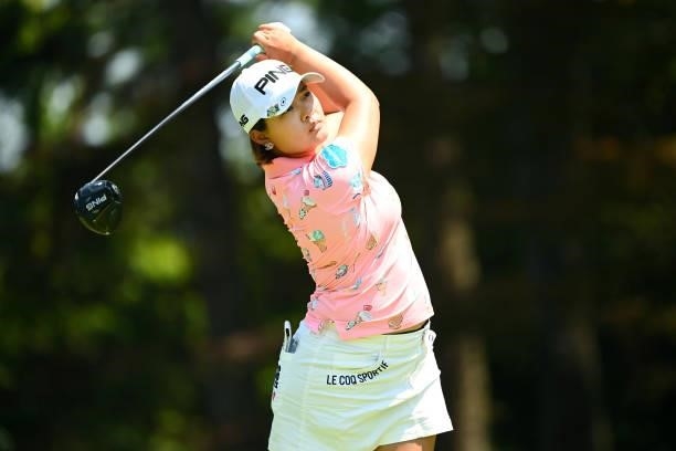 Ai Suzuki of Japan hits her tee shot on the 5th hole during the first round of the Ai Miyazato Suntory Ladies Open at Rokko Kokusai Golf Club on June...