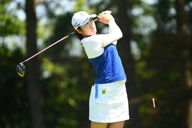 Mone Inami of Japan hits her tee shot on the 5th hole during the first round of the Ai Miyazato Suntory Ladies Open at Rokko Kokusai Golf Club on...