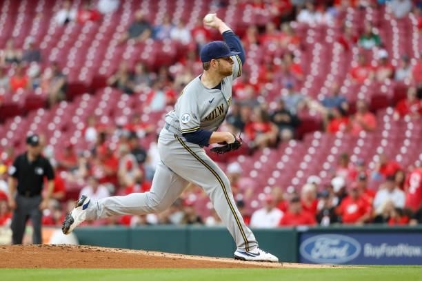 Brett Anderson of the Milwaukee Brewers pitches in the first inning against the Cincinnati Reds at Great American Ball Park on June 09, 2021 in...
