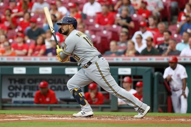 Omar Narvaez of the Milwaukee Brewers grounds out in the first inning against the Cincinnati Reds at Great American Ball Park on June 09, 2021 in...