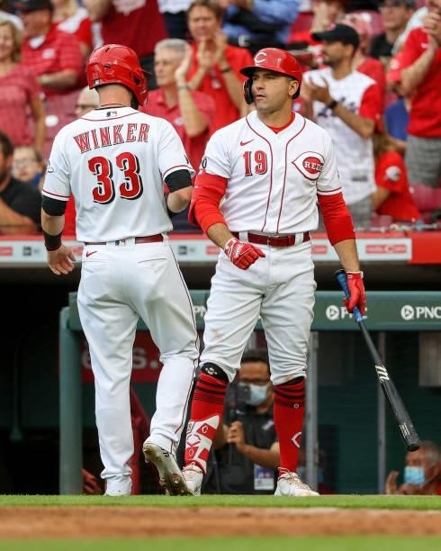 Jesse Winker and Joey Votto of the Cincinnati Reds celebrate after Winker scored a run in the first inning against the Milwaukee Brewers at Great...
