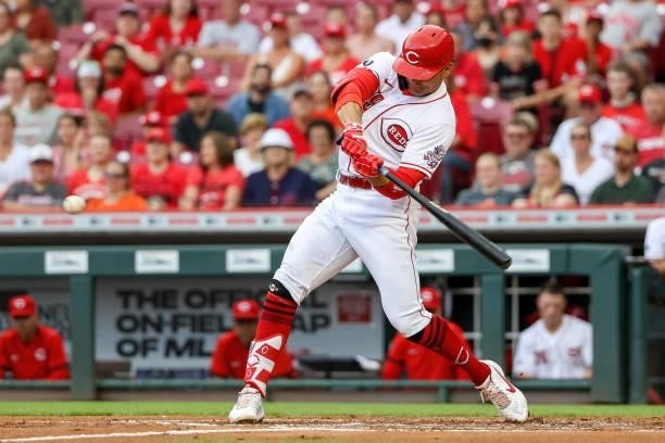 Joey Votto of the Cincinnati Reds grounds out in the first inning against the Milwaukee Brewers at Great American Ball Park on June 09, 2021 in...