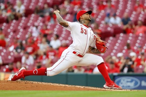 Vladimir Gutierrez of the Cincinnati Reds pitches in the second inning against the Milwaukee Brewers at Great American Ball Park on June 09, 2021 in...