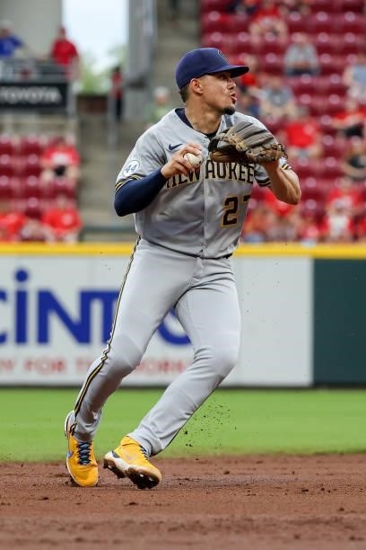 Willy Adames of the Milwaukee Brewers throws to first base in the second inning against the Cincinnati Reds at Great American Ball Park on June 09,...
