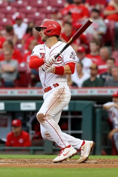 Kyle Farmer of the Cincinnati Reds lines out in the second inning against the Milwaukee Brewers at Great American Ball Park on June 09, 2021 in...