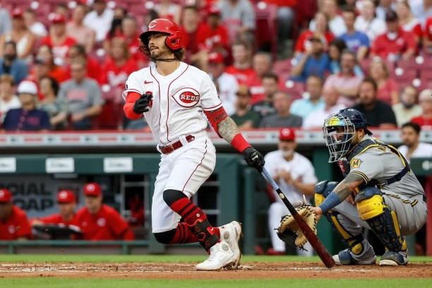 Jonathan India of the Cincinnati Reds hits a single in the second inning against the Milwaukee Brewers at Great American Ball Park on June 09, 2021...