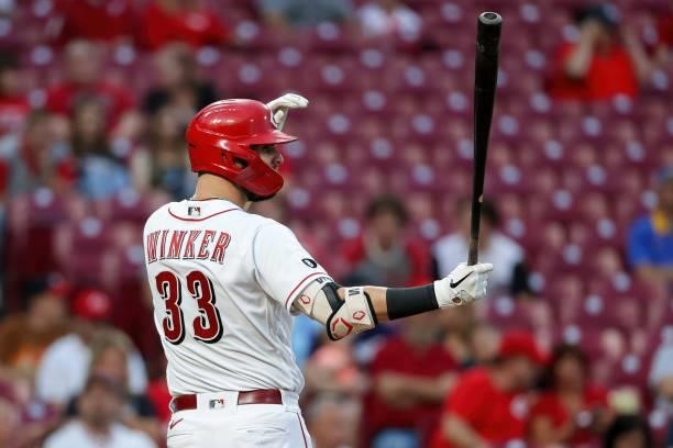 Jesse Winker of the Cincinnati Reds bats in the fourth inning against the Milwaukee Brewers at Great American Ball Park on June 09, 2021 in...