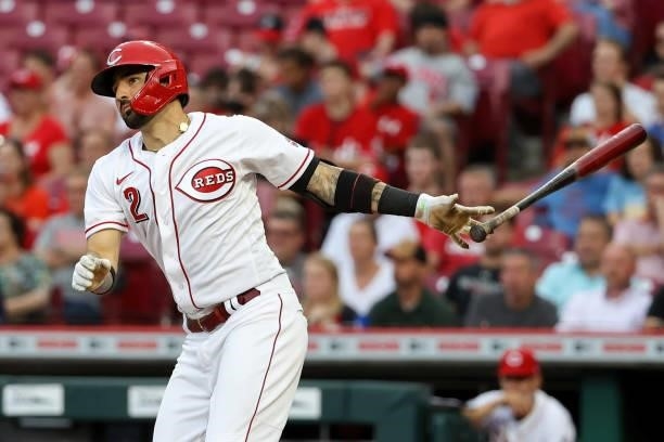 Nick Castellanos of the Cincinnati Reds hits a double in the second inning against the Milwaukee Brewers at Great American Ball Park on June 09, 2021...