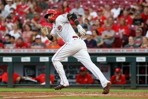 Nick Castellanos of the Cincinnati Reds hits a double in the second inning against the Milwaukee Brewers at Great American Ball Park on June 09, 2021...