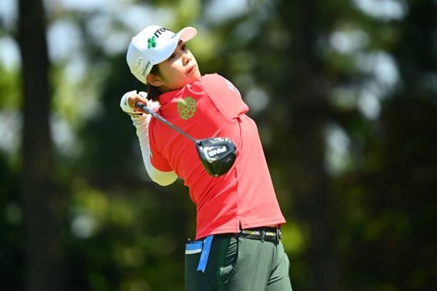 Mayu Hamada of Japan hits her tee shot on the 5th hole during the first round of the Ai Miyazato Suntory Ladies Open at Rokko Kokusai Golf Club on...