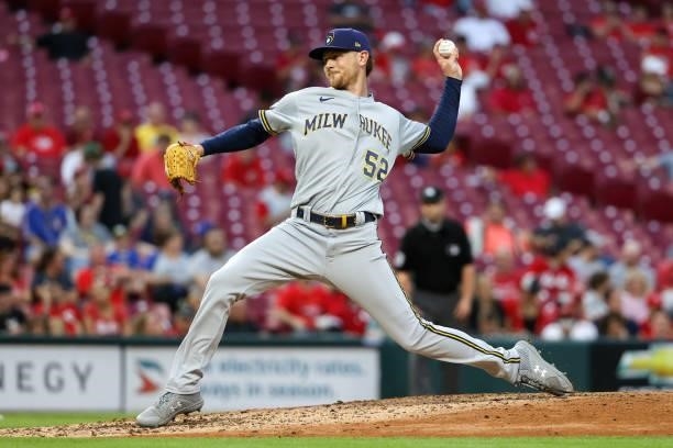 Eric Lauer of the Milwaukee Brewers pitches in the fourth inning against the Cincinnati Reds at Great American Ball Park on June 09, 2021 in...