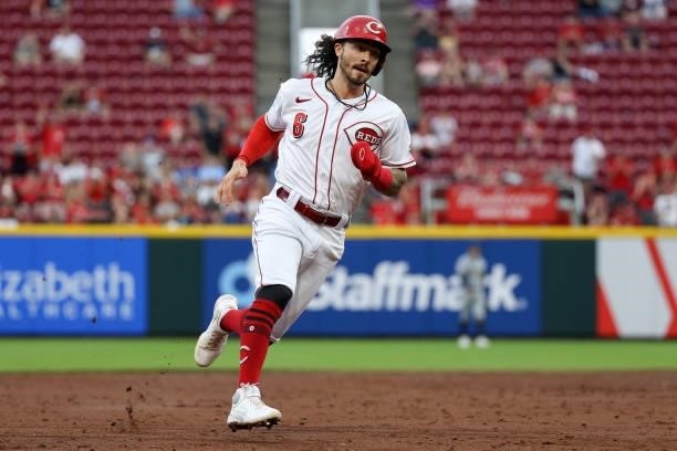 Jonathan India of the Cincinnati Reds runs to third base in the second inning against the Milwaukee Brewers at Great American Ball Park on June 09,...