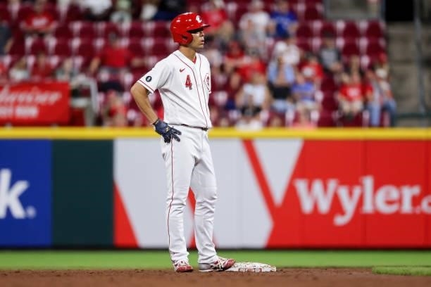 Shogo Akiyama of the Cincinnati Reds leads off second base in the eighth inning against the Milwaukee Brewers at Great American Ball Park on June 09,...