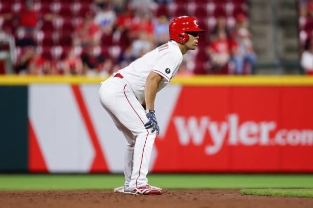 Shogo Akiyama of the Cincinnati Reds leads off second base in the eighth inning against the Milwaukee Brewers at Great American Ball Park on June 09,...