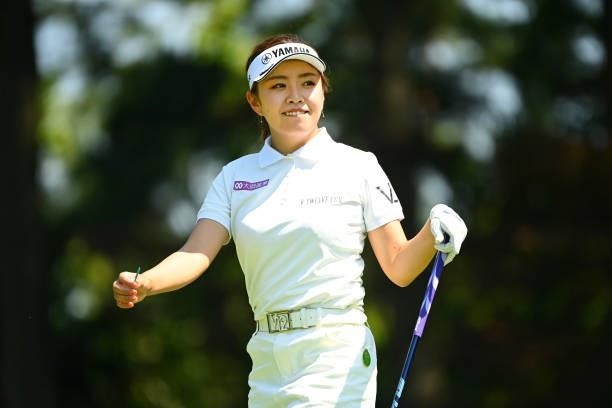 Maria Shinohara of Japan reacts after her tee shot on the 5th hole during the first round of the Ai Miyazato Suntory Ladies Open at Rokko Kokusai...